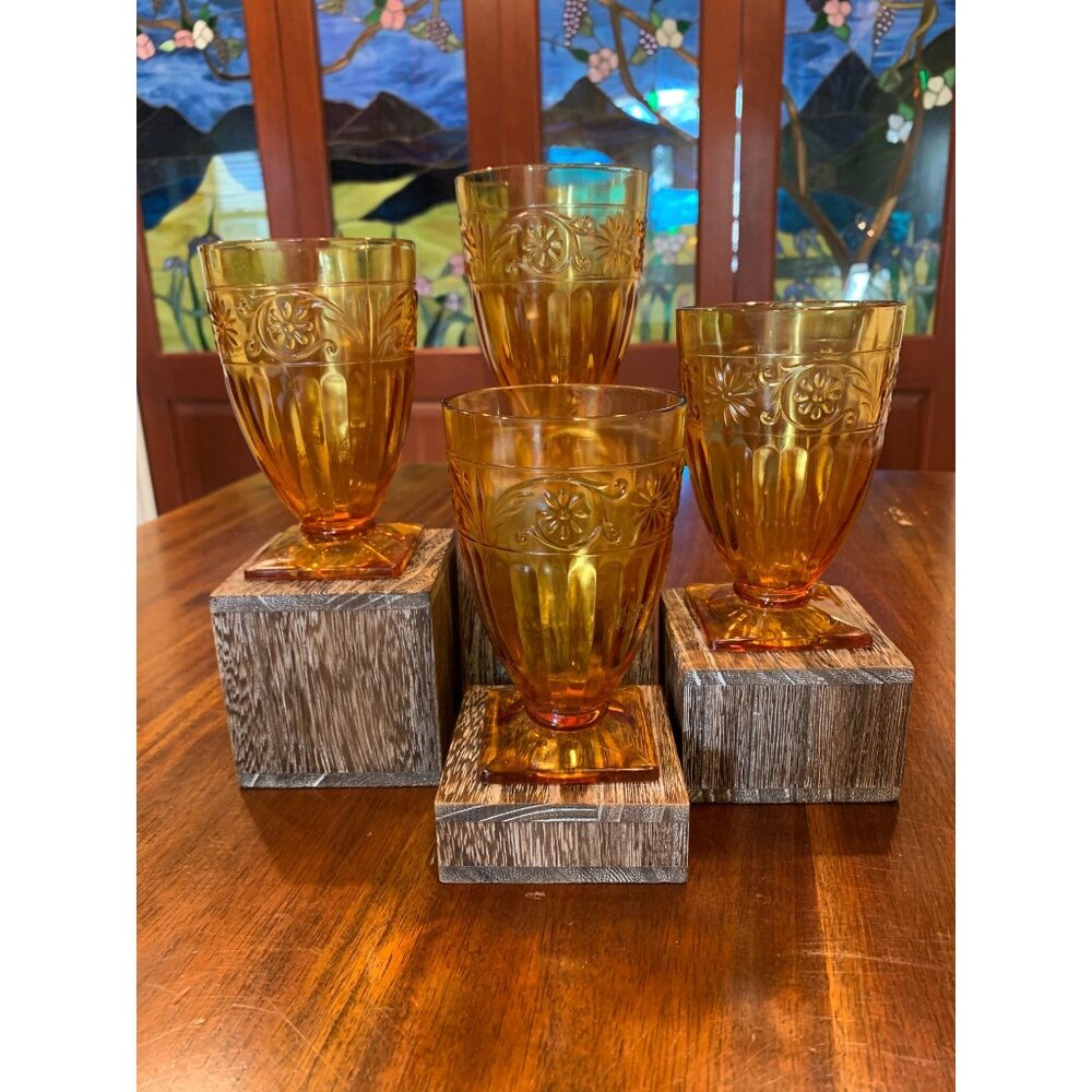 Vintage Indiana Daisy Patterned Amber Juice Glasses.